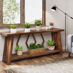 a wooden table topped with potted plants next to a gray couch in a living room