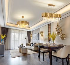 an elegant dining room with gold chandeliers and white furniture, along with large windows