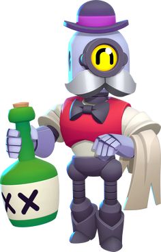 an animated character holding a bottle and wearing a hat