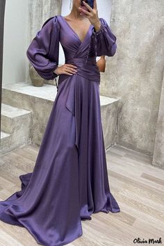 Olivia Mark - Elegant Silk Satin Evening Gown with Pleats for Brides Banquet Reception Evening Maxi Dress, Sleeve Ruffles, Satin Evening Gown, Deep V Neck Dress, Satin Evening Dresses, Evening Dresses With Sleeves, Lantern Sleeve Dress, Party Kleidung, Evening Dress Fashion