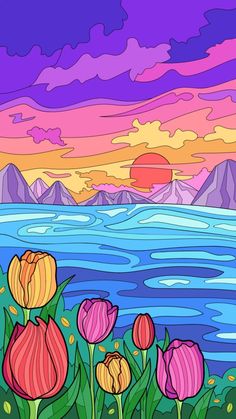 a painting of flowers by the water at sunset