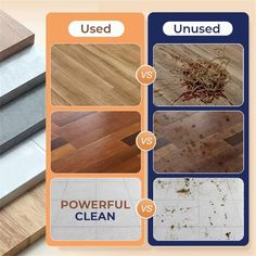 different types of wood flooring that are labeled with the words used, unised, and powerful clean