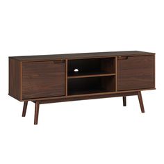 the sideboard is made out of wood and has two drawers, one with an open door