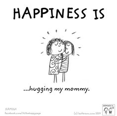 a black and white drawing of two children hugging each other with the words happiness is