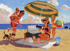 a painting of people on the beach with an open cooler and dog in front of them