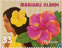 a postage stamp with an image of a woman and flowers on the front, which reads marshall islands