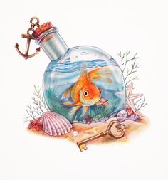 a drawing of a goldfish in a glass bottle with an anchor on the bottom