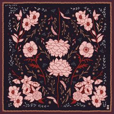 a square scarf with pink flowers and leaves on a black background, in the center is a