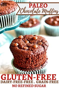 two chocolate muffins stacked on top of each other with the title paleo chocolate muffins