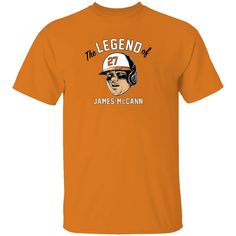 an orange t - shirt with the legend of james mccain on it's chest