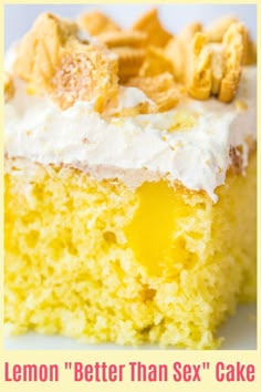 a piece of lemon cake with white frosting