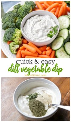 the ingredients to make dip are in bowls, and carrots with cucumbers around them