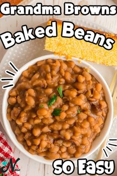 there is a bowl of baked beans on the table