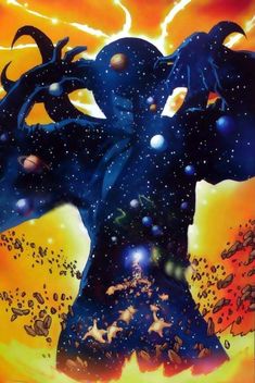 an image of a man with his arms outstretched in the air, surrounded by stars and planets