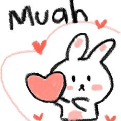 a drawing of a rabbit holding a heart with the word muah written on it