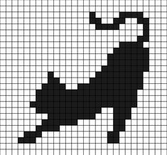 A pixel art template of a silhouette of a cat stretching. Cat Pixel Art Grid, Halloween Afghan, Black And White Pixel Art, Pixel Art Black, Black Cat Pixel Art, Rat Silhouette, Cat Pixel Art, Pixel Art Templates, Cat Bead