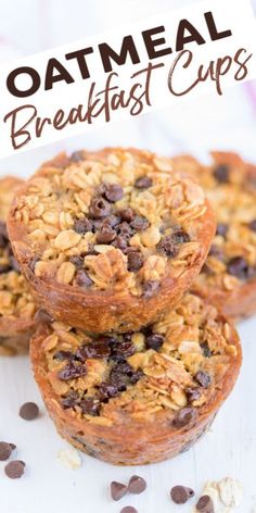 three oatmeal breakfast cups stacked on top of each other with chocolate chips