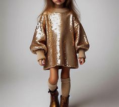 Introducing our exclusive winter dress for girls, designed with both style and comfort in mind! This unique piece features stunning gold sequins at the cuffs, adding a touch of sparkle while ensuring your child's comfort. The beige ribbed collar is soft against the skin, preventing any irritation from the sequins. Perfect for festive occasions, this dress is a must-have for every little fashionista. Made from high-quality materials, it combines warmth and elegance, making it ideal for chilly days. Let your little one shine with confidence in this beautiful dress! Winter Dress For Girls, Jade Weber, Winter Gold, Girls Winter Dresses, Gold Sequin Dress, Dress For Girls, Winter Dress, Gold Sequins, Gold Sequin