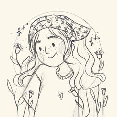 a drawing of a girl with long hair and a hat on her head is standing in the grass