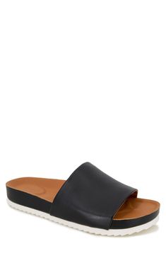 A contoured arch-supporting footbed cushioned with PORON® brings unparalleled comfort to this laid-back slide crafted of supple leather. Cushioned footbed with arch support Leather upper and lining/rubber sole Imported Slide Flip Flops, Black Flip Flops, Mens Sandals, Curator Style, Kenneth Cole, Arch Support, Flip Flop Sandals, Slide Sandals, Rubber Sole