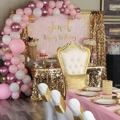 a pink and gold birthday party with balloons, chairs, tablecloths and decorations