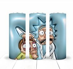 three cartoon characters are depicted on the side of two cylindrical cylinders, each with an image of rick and mort