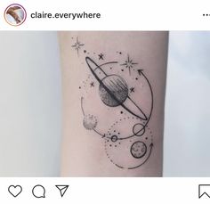 a small black and white tattoo design on the right arm, with an image of saturn