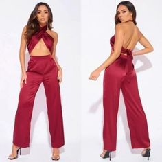 Burgundy Satin Halter Neck Crop Top And High Waist Wide Leg Pants Two Piece Set Satin Halter Neck Crop Top High Waist Wide Leg Pants Length For Top Is 13 Inches, Pants Is 30 Inches For Size S 92% Polyester, 8% Elastane Also Available In Nude New With Tag The Pants Is In Great Condition. It Only Looks Like That In The Video, Because That Is The Only Way It Can Fit On The Mannequin Size S = 4 Size M = 6-8 Size L = 10-12 Model Is Wearing Size S If You Have Any Questions, Please Let Me Know Thank Yo Satin Two Piece Set, Crop Top And Pants Set, Top And Wide Leg Pants, Burgundy Crop Top, Halter Neck Crop Top, Satin Crop Top, High Waist Wide Leg Pants, Top And Pants Set, Halter Neck Top