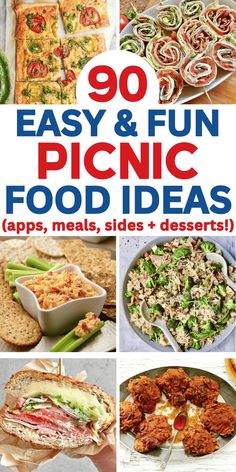 the cover of 90 easy and fun picnic food ideas, including appetizers, salads, desserts