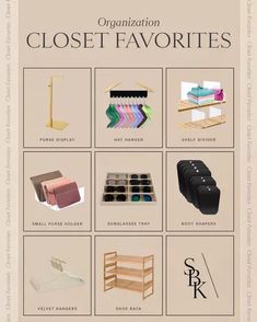 the organization closet favorites poster is shown in beige and features various items that are organized