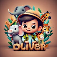 an animated character surrounded by animals and the word'olver'in front of it