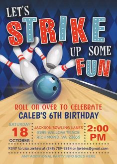 a bowling ball and pins birthday party card with the words, let's strike up some fun