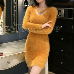 Trendy Fashion Women Sexy Spring Long Sleeve Knitted Slim Faux Mink Fur Casual Sweater Dress, Stunning Womens Dresses Winter Embroidery, Sweater Dress Casual, Dress Tops, Knit Bottom, Sweater Dress Women, Long Sweater, Pullover Sweater Women, Fit Dress, Hip Dress