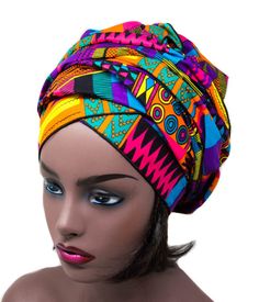 "Main colors: Orange, blue, pink and purple. The edges of this head wrap is tailored for immediate use and made from 100 % cotton fabric. This is not pre tied. We used long size in this picture. They are long and wide enough to wrap Rasta style. Tired of wrapping? use as a scarf or sash.  Approximate measurement before edges sewn: Long size 22\" x 88\" Regular is 22\" x 72\" Square is 35\" x 35\" Bandana is 44\" x 32\" x 32\" Children size is 9\" x 43\" ( Pls note this is children's size.) Color may look different on your monitor. This fabric has no stiffness but the more you wash, the softer it becomes. Pls note: This headwrap may have more colors than mentioned. Contact us if you have any question. We will be happy to help you." Ankara Scarf, African Head Scarf, Rasta Style, African Scarf, African Headwrap, Ankara Headwrap, Head Wraps For Women, African Head Wraps, Colors Orange