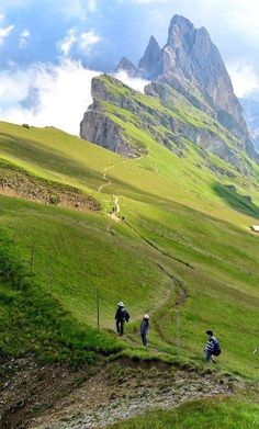 three people walking up a grassy hill with mountains in the background