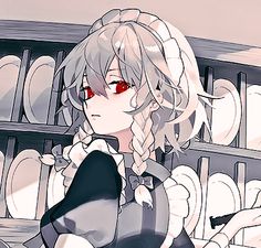 an anime character with red eyes and blonde hair, sitting in front of a shelf