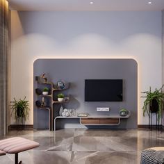 a modern living room with grey walls and marble flooring, large television on the wall