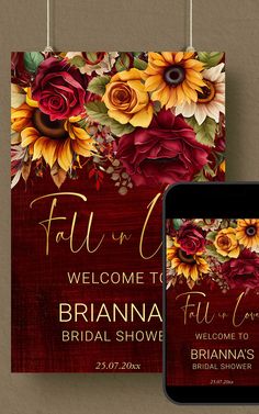 Fall in love bridal shower burgundy welcome sign editable template poster digital download Purple Bridal Shower Ideas, Sunflower Bridal Shower Ideas, Orange Blue Wedding, Burgundy Wedding Party, Bridal Shower Ideas Invitations, Themed Bridal Shower Ideas, Table Decor Centerpieces, Fall In Love Bridal Shower, Wedding Card Ideas