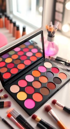 "Create an image of a trendy, viral makeup palette open, showcasing a variety of vibrant, highly pigmented shades. The palette is stylish and modern, surrounded by a pristine vanity table filled with beauty brushes and a hint of soft, glowing light reflecting off the makeup shades." Viral Makeup, Makeup Shades, Beauty Brushes, Vanity Table, Makeup Palette, Shades, Makeup