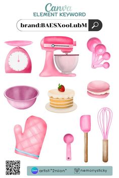 an advertisement for a pink kitchen set with utensils and cake decorating items