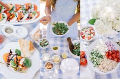 a table topped with plates of food and bowls of salad next to each other on top of a blue checkered table cloth