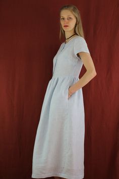 "Spring dress, Handmade pure linen dress Made to order Handmade white blue strips linen dress with short sleeves and 2 pockets , perfect for casual wear and suitable for any occasion in any season Details: - 100% natural linen produced in Europe ; - medium weight (180 gram per square meter); - color: white blue strips, could be any from our colors catalog (color samples at the photo); Made to order, approximately a few days, If you have any questions please message me and I will be glad to answe Summer A-line Linen Dress With Buttons, V-neck Linen Dress With Buttons, Blue Linen Dress With Long Sleeves, Relaxed Fit, Summer Dress Short, Blue Linen V-neck Dress, Blue Linen Button-up Dresses, Linen Dresses For Women, Linen Casual Dress, Short Sleeves Dress