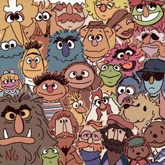 a large group of cartoon characters all grouped together