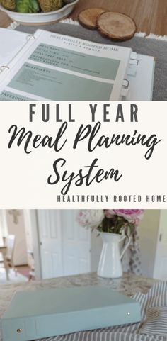 the full year meal planning system is shown in front of a bowl of broccoli