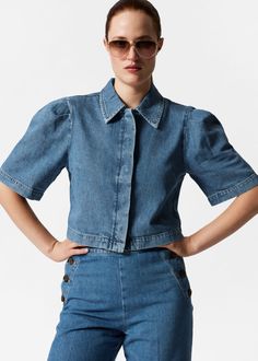 Puff-Sleeve Denim Blouse Denim Blouse Women, Waistcoat Dress, Knit Outerwear, Denim Blouse, Women's Casual Style, Blazer And Shorts, Tshirt Skirt, Jeans Rock, Winter Coats Jackets