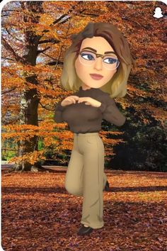 an animated woman standing in front of trees with leaves on the ground and fall colors