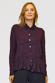 Chalet's Elena Shirt Indulge in the unique style of our Elena Shirt. Featuring a collared neckline and soft crinkle knit fabric, this button down top exudes a free-spirited vibe. Angled topstitch seaming adds a touch of detail to the front and backside, while the loose and flowy swing shape is flattering to all. And with the added convenience of an invisible front pocket, this burgundy shirt is a must-have addition to your wardrobe. Made in USACrinkle Mesh Fabric: 50% Polyester, 50% BambooCare: Machine wash cold, lay flat to dry in a slight crunch form View Chalet sizing here > Garment measurements: Approximate, measured relaxed and not extended.Medium (M): Bust 42", Hips 60", Length 23" Chalet clothing is meant to be worn loose and relaxed. Items pictured are a size small on a size 6 dres Burgundy Shirt, Free Spirited, Dress Form, Size 6 Dress, Comfortable Outfits, Free Spirit, Mesh Fabric, New Shop, Lay Flat