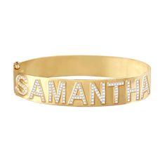 Introducing our Custom Name Bracelet in 14K Gold - a lavish and personalized masterpiece that beautifully combines elegance with individuality. This bespoke bracelet allows you to showcase your name, meaningful words numbers and shapes. Custom-made letters adorned with diamonds, creating a luxurious and meaningful accessory. Meticulously crafted from authentic 14K gold, this bracelet radiates opulence and enduring quality. The high-quality gold provides the perfect canvas for showcasing the custom-made diamond initials, ensuring a lustrous finish that stands the test of time. ✪ FEATURES * Crafted with premium 14K gold, ensuring durability and a luxurious finish. * Stamped 14K for Purity Authenticity * Genuine, conflict-free diamonds * Offered in 14k Yellow, Rose, and White Gold * Bangle Wi Luxury Yellow Gold Name Bracelet For Gift, Luxury Personalized Diamond Bracelet For Gift, Luxury Yellow Gold Name Bracelet, Elegant Customizable Yellow Gold Bracelet, Luxury Name Bangle Bracelet For Anniversary, Personalized Luxury Diamond Bracelet, Luxury Anniversary Name Bangle Bracelet, Luxury Custom Name Bracelet, Luxury Gold Name Bracelets