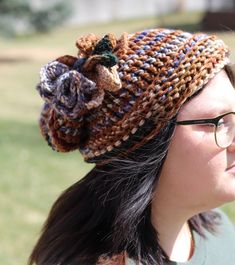 "Variegated Crochet Beanie  One-of-a-kind (Light/Dark Brown, Beige, Burgundy, Royal blue, Light Blue, Olive/Dark Green) Diameter 9.5\", 12\" Deep, 13\" Tall. The crochet flower with Button is removable with pin." Variegated Crochet, Crochet Bonnet, Bonnet Au Crochet, Slouchy Beanie Hat, Bonnet Crochet, Winter Hats For Women, Slouchy Beanie, Crochet Beanie, Crochet Flower