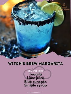 a blue drink with lime and ice on the rim, in front of a purple background that says witch's brew margarita